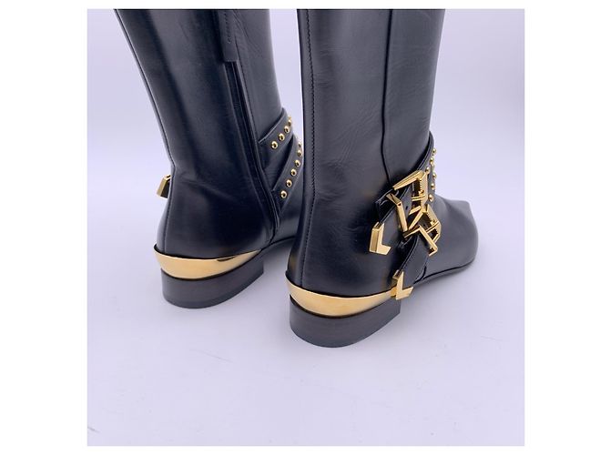 Versace Botas de montar de cuero negro con hebillas de metal dorado talla 36 - vista 4