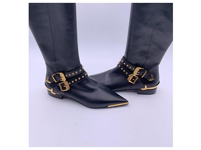 Versace Botas de montar de cuero negro con hebillas de metal dorado talla 36 - vista 5