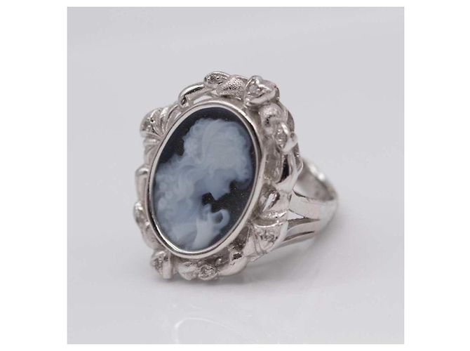 Autre Marque Anello Cammeo in Oro Bianco e Diamanti Nero Argento - vista 4