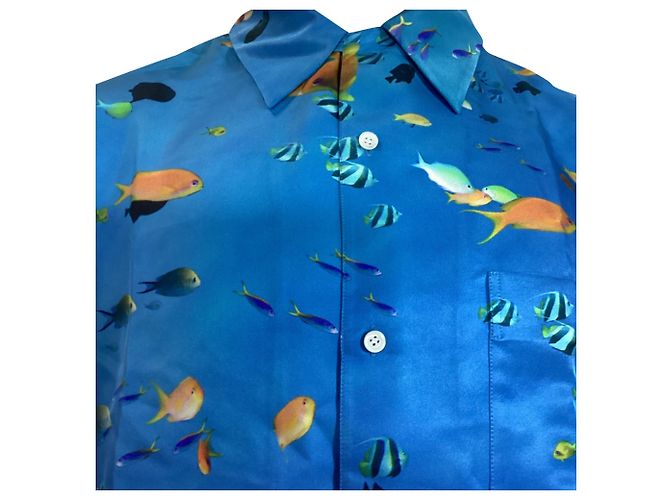 Camicia a colletto convertibile stampata Loewe in seta blu - vista 3