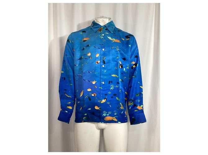 Camicia a colletto convertibile stampata Loewe in seta blu - vista 6