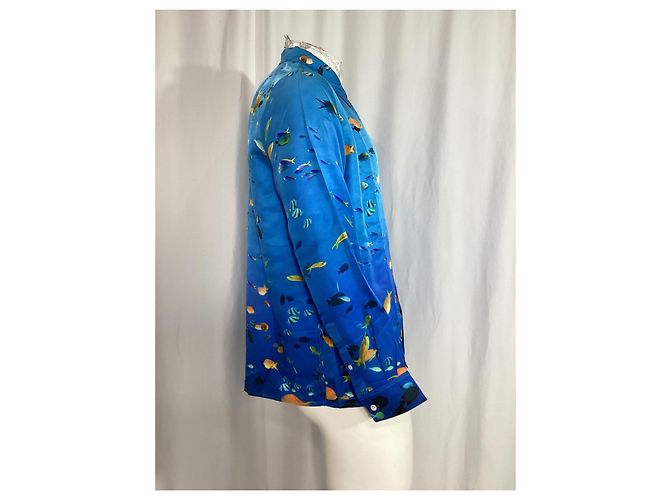 Camicia a colletto convertibile stampata Loewe in seta blu - vista 7