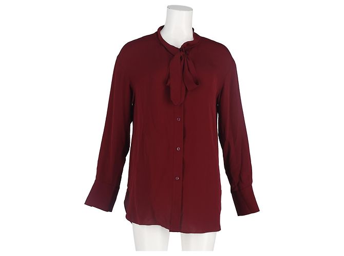 Theory Bordeaux Seidenbluse mit Rüschendetails und Knöpfen in Langarm Braun Rot - Ansicht 3