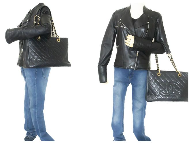 CHANEL Bolsa de compras GST 13" em couro de bezerro texturizado com corrente para ombro Preto - vista 12