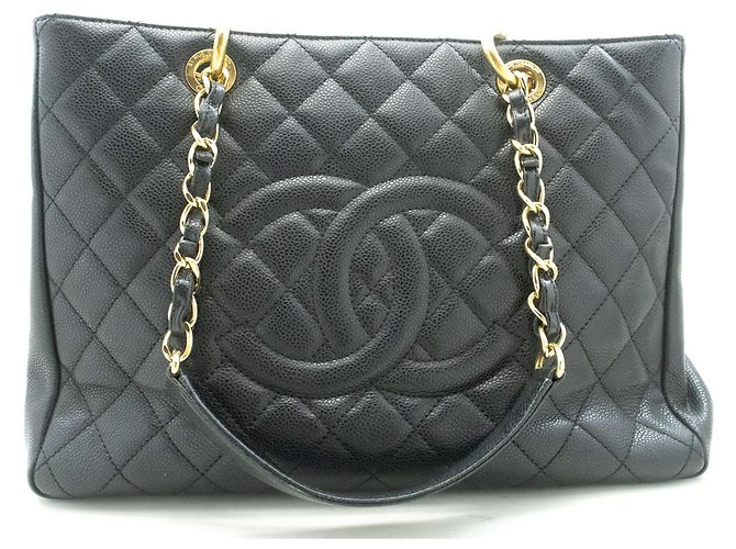 CHANEL Bolsa de compras GST 13" em couro de bezerro texturizado com corrente para ombro Preto - vista 2