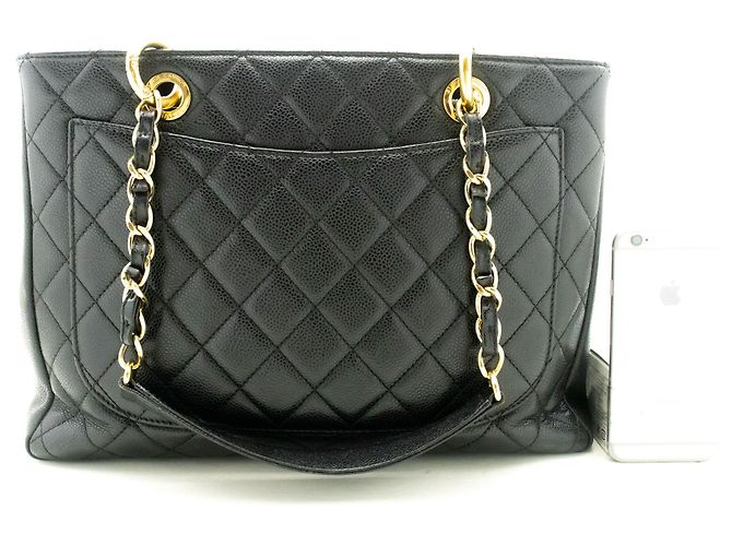 CHANEL Bolsa de compras GST 13" em couro de bezerro texturizado com corrente para ombro Preto - vista 3