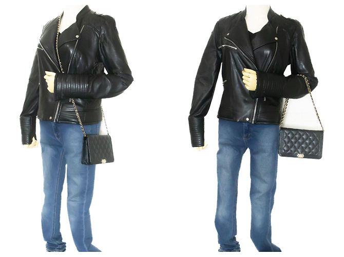 CHANEL Boy Portafoglio con Catena in Pelle di Vitello Grana Nera Nero - vista 12