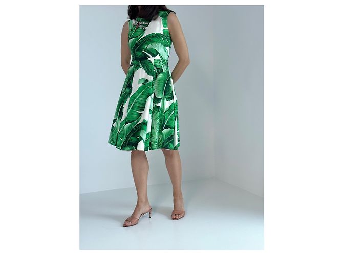 Vestido Dolce & Gabbana de seda estampado hojas de plátano blanco y verde - vista 2