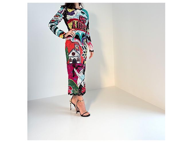 Dolce & Gabbana Midikleid aus mehrfarbiger bestickter Spitze Mehrfarben - Ansicht 2