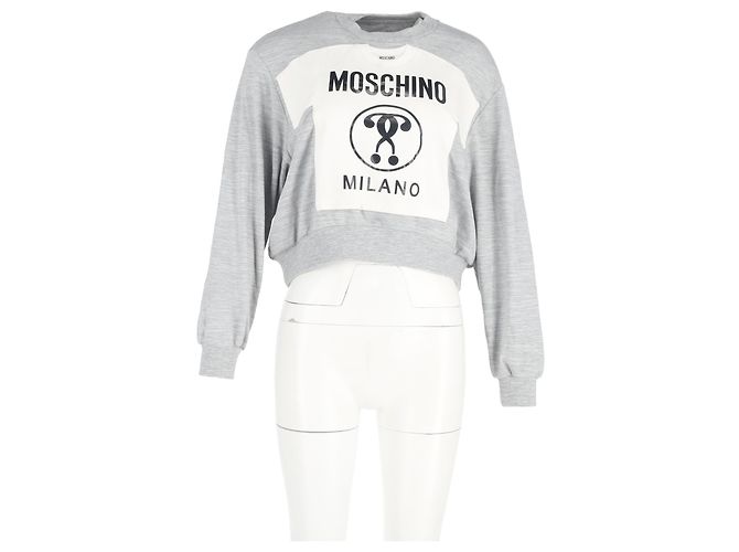 Grauer Baumwollpullover mit Rundhalsausschnitt und Moschino-Druck - Ansicht 4