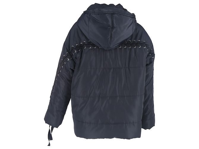 Giacca con cappuccio in poliestere blu navy con dettagli in pizzo intrecciato trapuntato Maje - vista 3