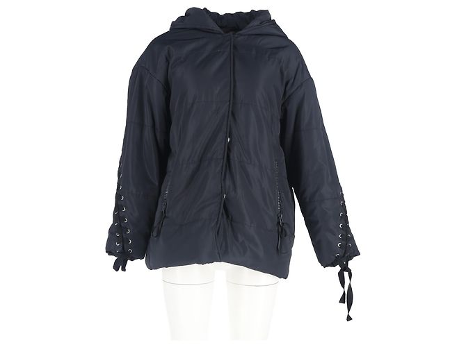Giacca con cappuccio in poliestere blu navy con dettagli in pizzo intrecciato trapuntato Maje - vista 4