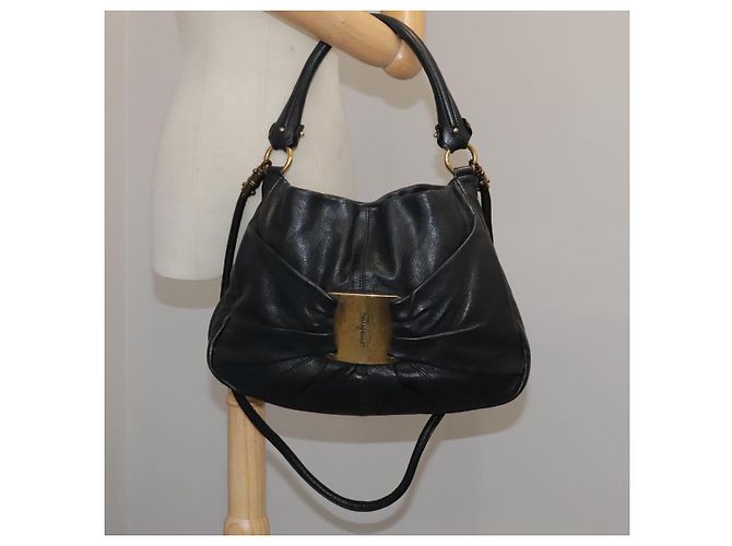 Borsa a mano in pelle Salvatore Ferragamo Vala 2 vie nera e oro Auth bs20937 Nero D'oro - vista 23