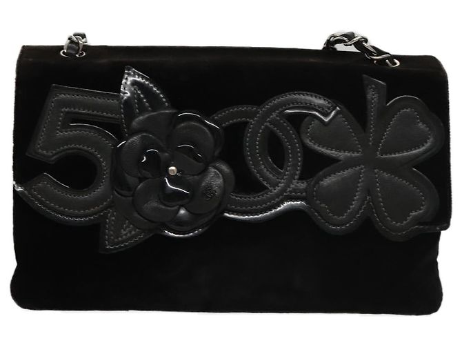 CHANEL Borsa a Spalla Chain Camelia in Pelle Velour Nera Argento CC Auth yk16500 Nero - vista 13