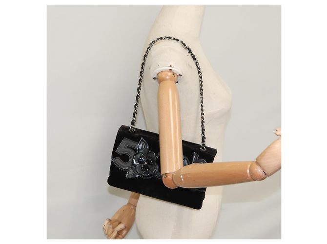 CHANEL Borsa a Spalla Chain Camelia in Pelle Velour Nera Argento CC Auth yk16500 Nero - vista 30