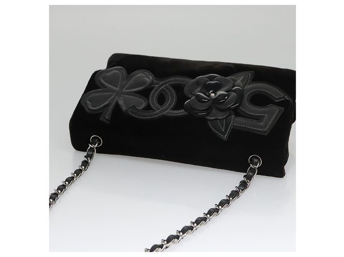 CHANEL Borsa a Spalla Chain Camelia in Pelle Velour Nera Argento CC Auth yk16500 Nero - vista 6