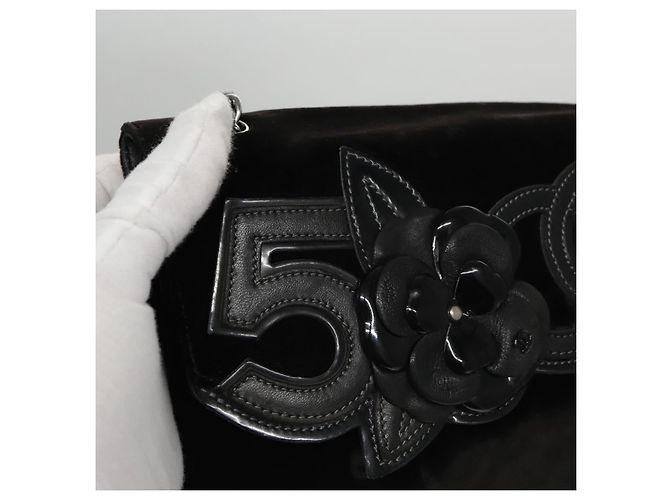 CHANEL Borsa a Spalla Chain Camelia in Pelle Velour Nera Argento CC Auth yk16500 Nero - vista 8