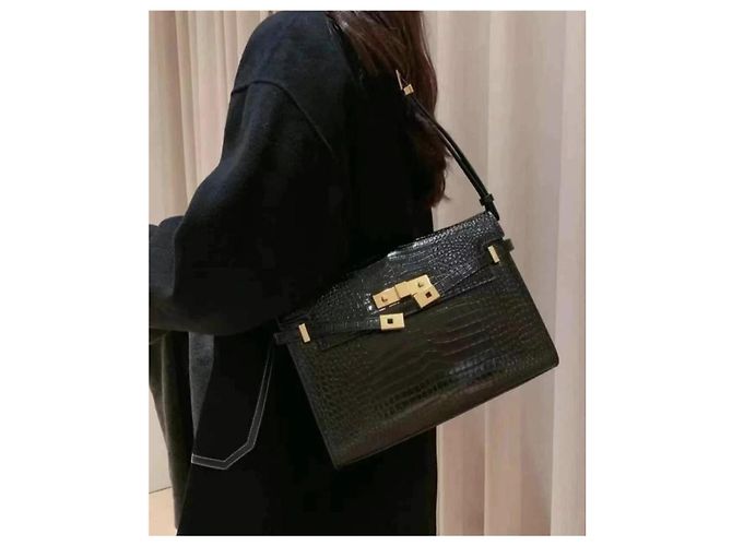 Borsa Saint Laurent Manhattan Croco Nero in Pelle di Agnello - vista 9