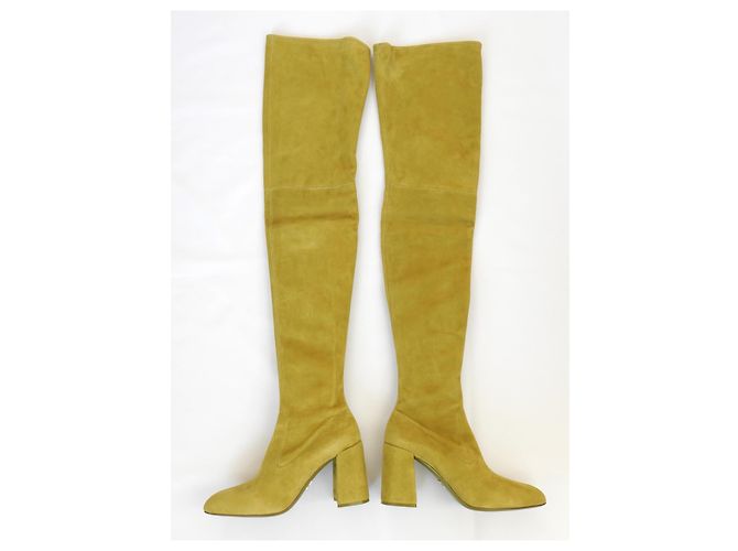 Stivali in suede chartreuse sopra il ginocchio Prada Autunno 2015 Azzurro chiaro Verde Giallo - vista 2