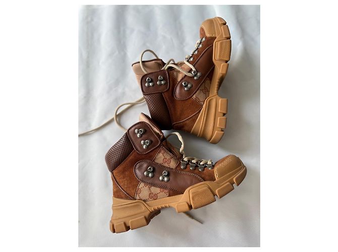 Stivali Gucci Sega flashtrek pelle e camoscio marrone chiaro - vista 3
