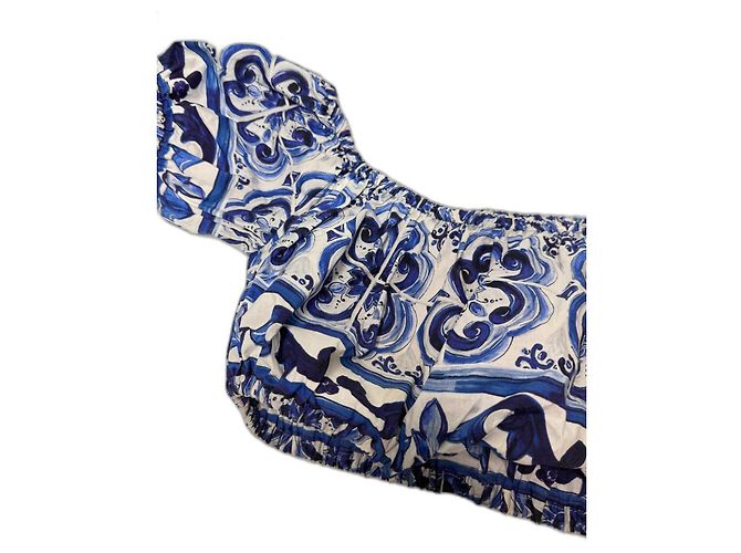 Dolce & Gabbana Top corto de popelina con estampado de mayólica Blanco Azul oscuro - vista 2