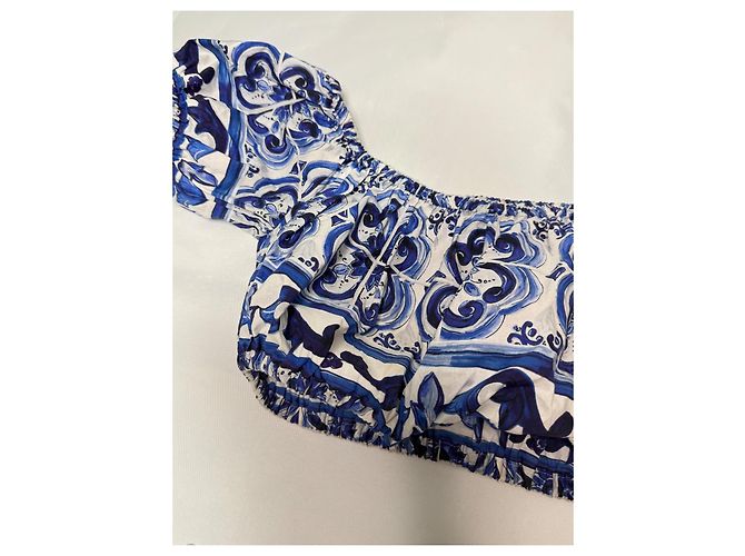 Dolce & Gabbana Top corto de popelina con estampado de mayólica Blanco Azul oscuro - vista 3