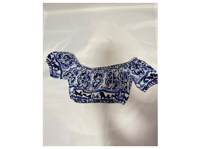 Dolce & Gabbana Top corto de popelina con estampado de mayólica Blanco Azul oscuro - vista 4