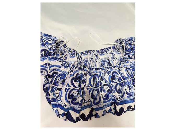 Dolce & Gabbana Top corto de popelina con estampado de mayólica Blanco Azul oscuro - vista 6