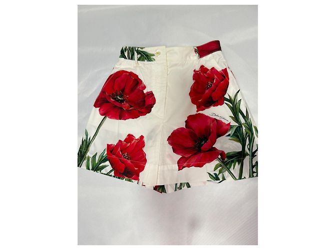 Dolce & Gabbana PANTALÓN CORTO BLANCO CON ESTAMPADO DE AMAPOLAS. Roja - vista 7