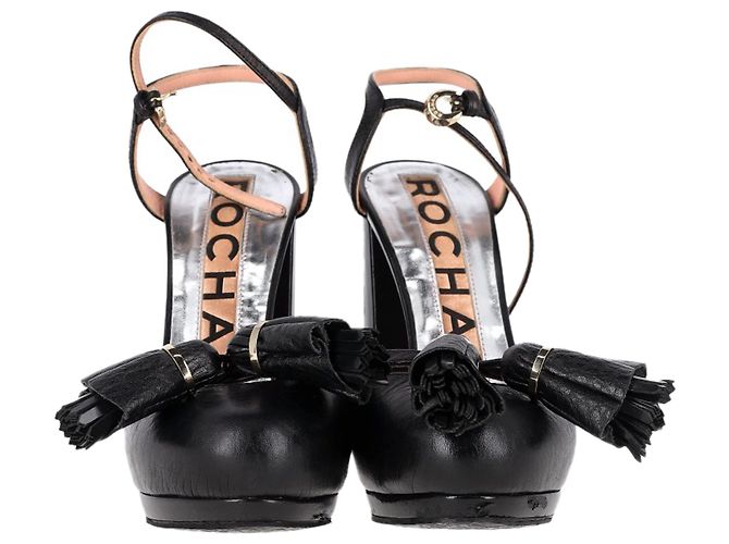 Sandali con piattaforma e dettaglio a frange con cinturino alla caviglia in pelle nera Rochas Nero - vista 2