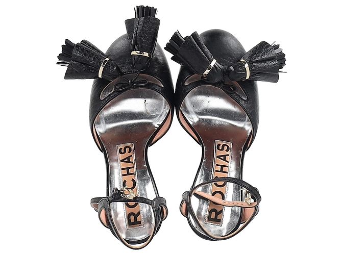 Sandali con piattaforma e dettaglio a frange con cinturino alla caviglia in pelle nera Rochas Nero - vista 3