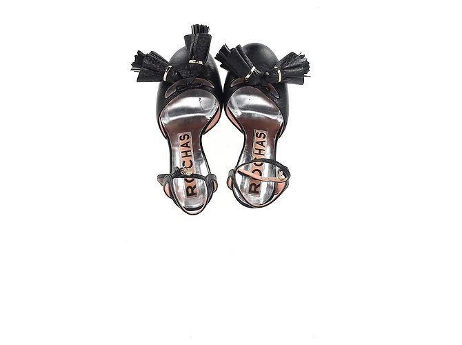 Sandali con piattaforma e dettaglio a frange con cinturino alla caviglia in pelle nera Rochas Nero - vista 9