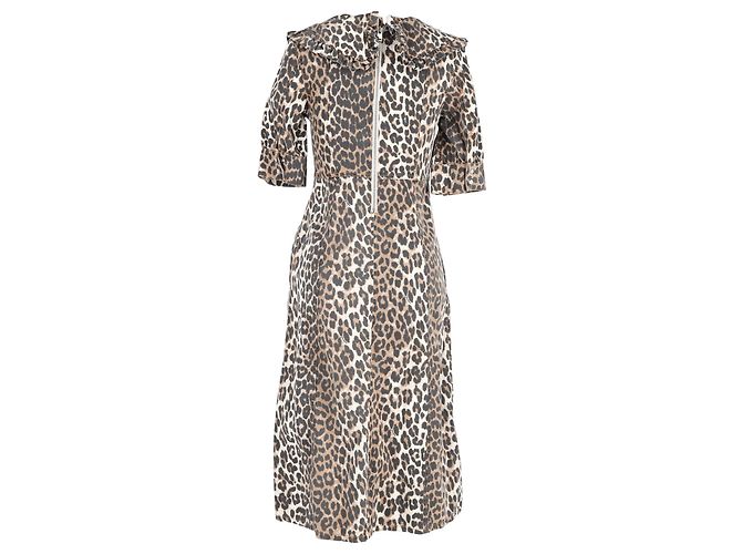 Vestido midi de algodón marrón con estampado de leopardo Ganni Castaño - vista 3