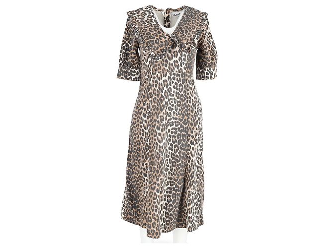Vestido midi de algodón marrón con estampado de leopardo Ganni Castaño - vista 4