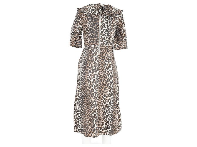 Vestido midi de algodón marrón con estampado de leopardo Ganni Castaño - vista 6