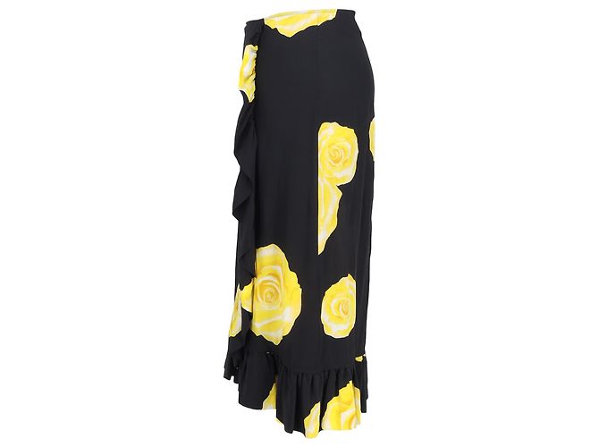Falda midi con volantes estampada floral Ganni en seda negra Negro - vista 2