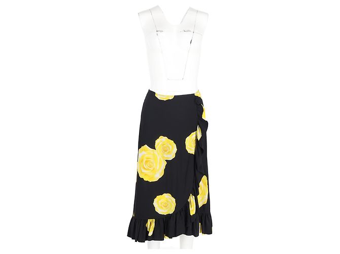 Falda midi con volantes estampada floral Ganni en seda negra Negro - vista 4