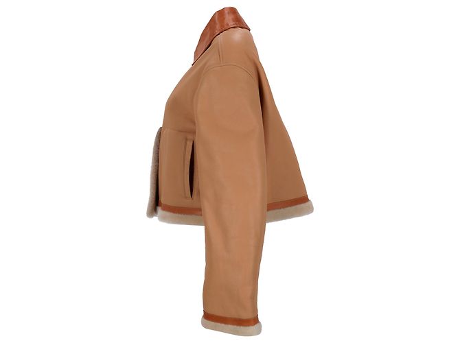 Jil Sander Jacke aus braunem Leder mit Pelzbesatz - Ansicht 2
