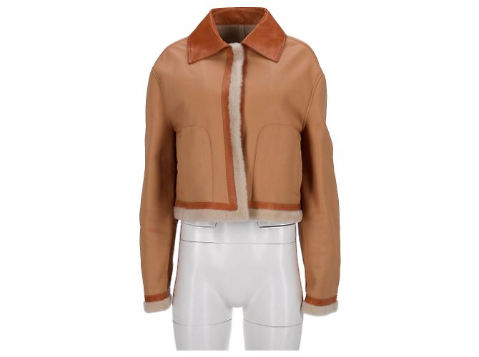 Jil Sander Jacke aus braunem Leder mit Pelzbesatz - Ansicht 5