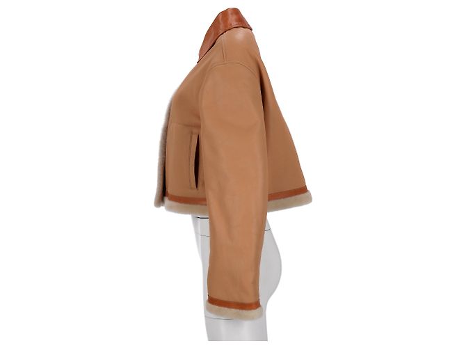 Jil Sander Jacke aus braunem Leder mit Pelzbesatz - Ansicht 6