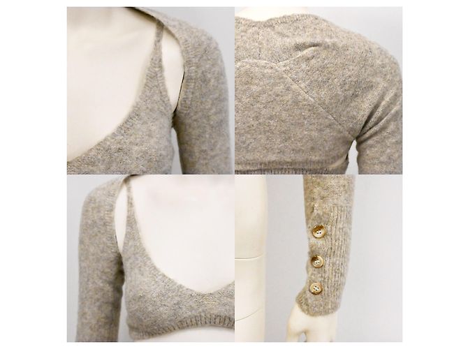 Autre Marque Gestricktes, kurzes Twin-Set-Bra-Top mit kurzem Cardigan in Haferbeige Roh - Ansicht 11