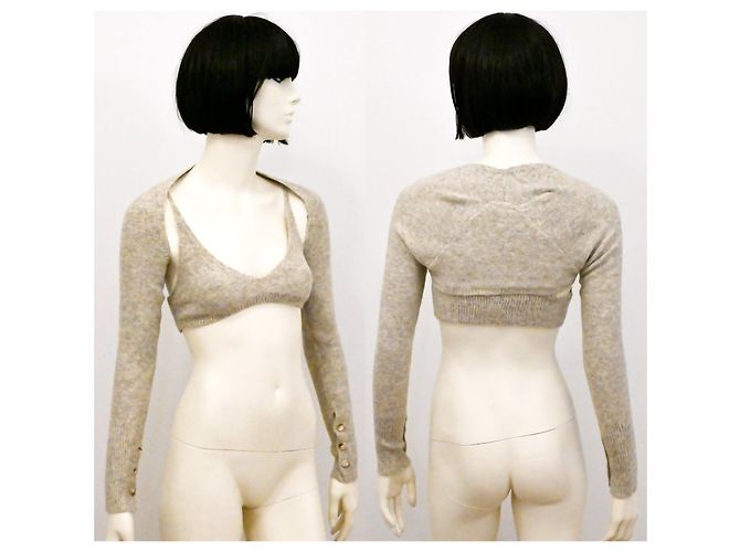 Autre Marque Gestricktes, kurzes Twin-Set-Bra-Top mit kurzem Cardigan in Haferbeige Roh - Ansicht 2