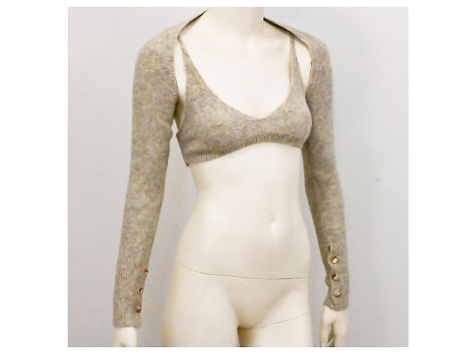 Autre Marque Gestricktes, kurzes Twin-Set-Bra-Top mit kurzem Cardigan in Haferbeige Roh - Ansicht 3