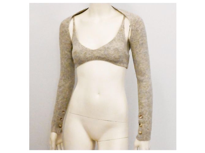 Autre Marque Gestricktes, kurzes Twin-Set-Bra-Top mit kurzem Cardigan in Haferbeige Roh - Ansicht 5