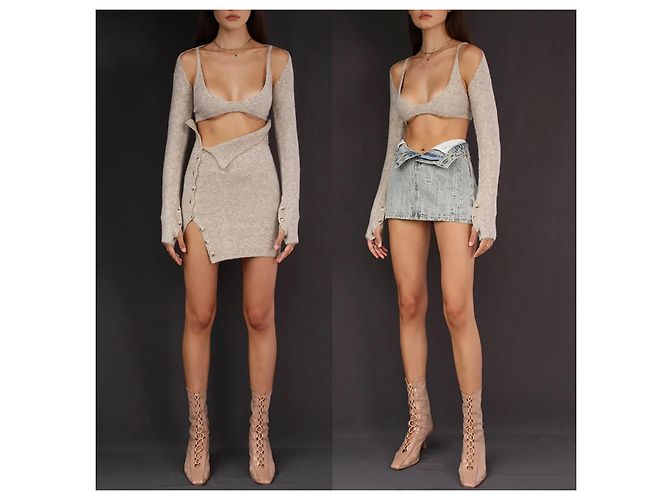 Autre Marque Gestricktes, kurzes Twin-Set-Bra-Top mit kurzem Cardigan in Haferbeige Roh - Ansicht 6