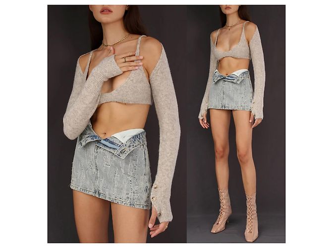 Autre Marque Gestricktes, kurzes Twin-Set-Bra-Top mit kurzem Cardigan in Haferbeige Roh - Ansicht 7