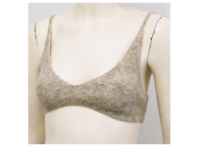 Autre Marque Gestricktes, kurzes Twin-Set-Bra-Top mit kurzem Cardigan in Haferbeige Roh - Ansicht 8