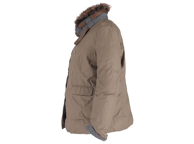 Brunello Cucinelli Fur Trim Double-Breasted Down Jacket in Brown Polyamide - view 2