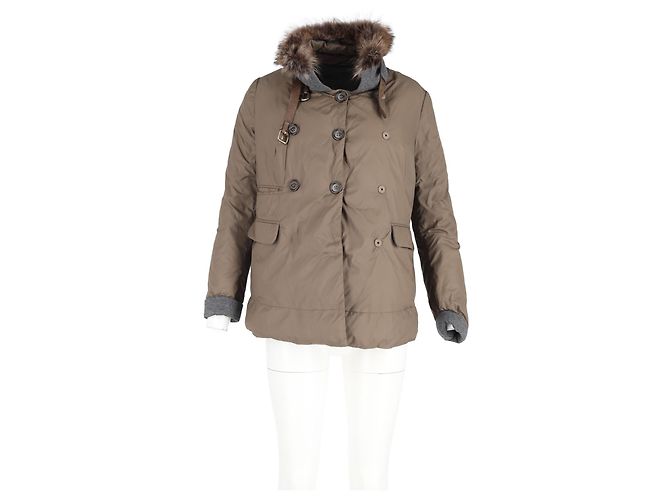 Brunello Cucinelli Fur Trim Double-Breasted Down Jacket in Brown Polyamide - view 4