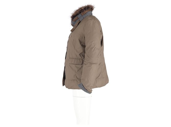 Brunello Cucinelli Fur Trim Double-Breasted Down Jacket in Brown Polyamide - view 5